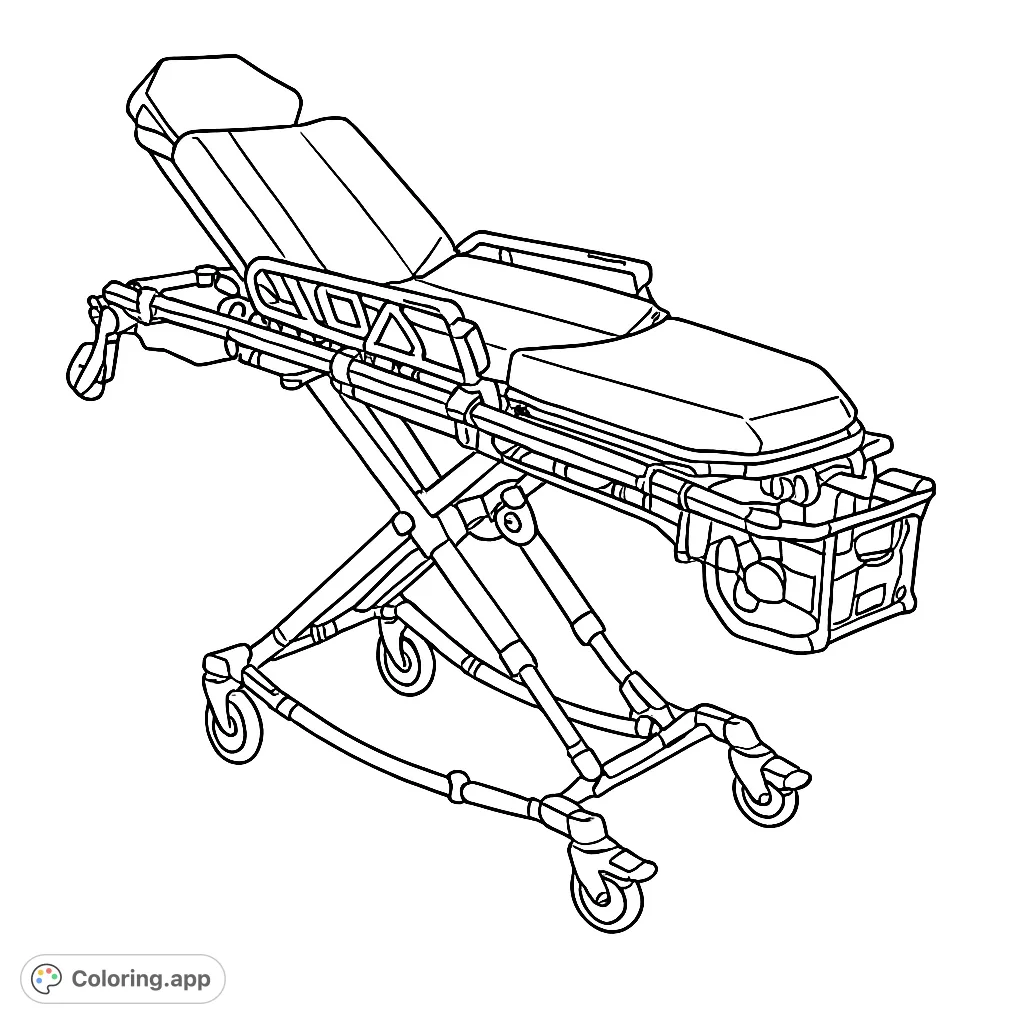 Detailed ambulance stretcher coloring page. Explore intricate medical equipment, perfect for aspiring healthcare heroes. Free printable for kids & adults.