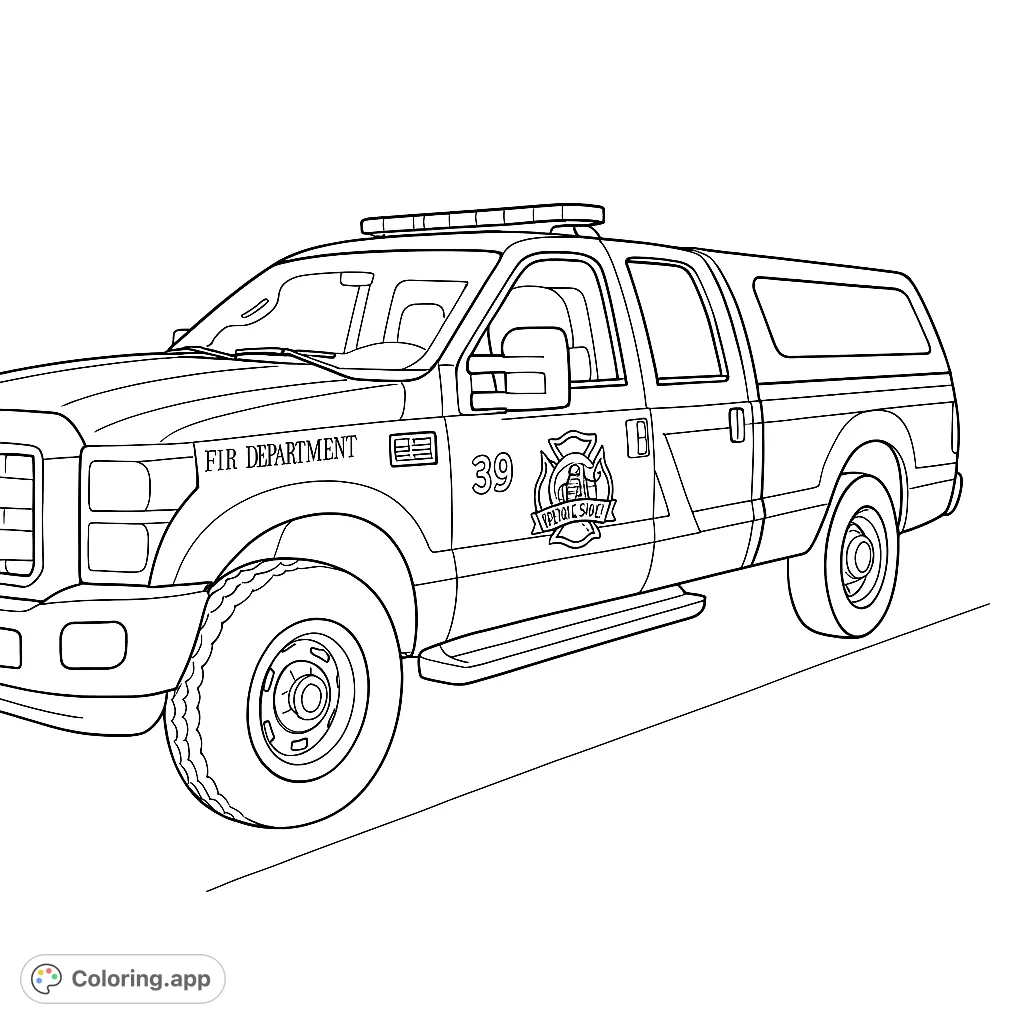 Detailed line art of a fire department pickup truck with emergency lights and official markings, ready for action. A free printable vehicle coloring page.