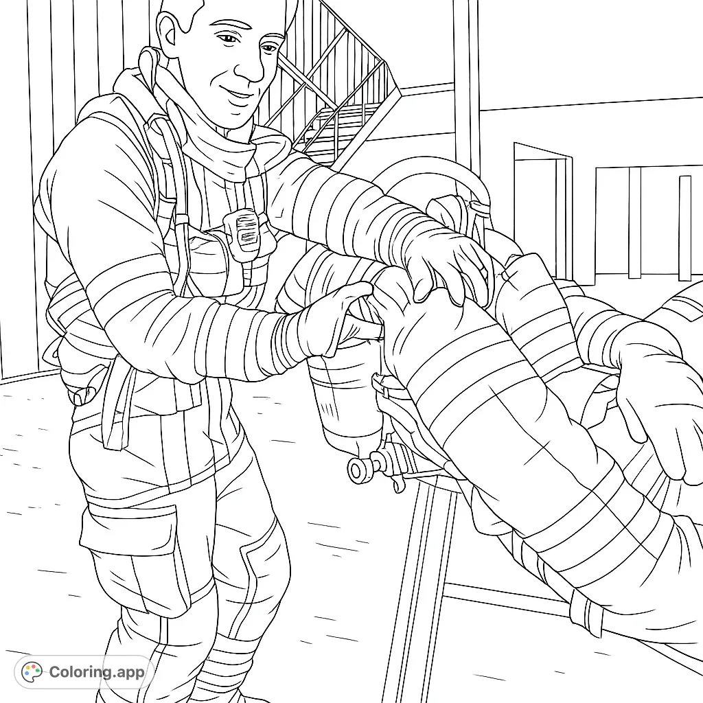 A brave firefighter assists a colleague in full gear, set against a building with a fire escape. A heroic firefighter coloring page.