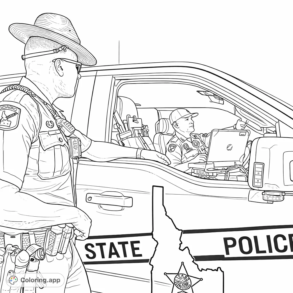 Detailed coloring page featuring state police officers and their patrol vehicle, showcasing uniforms, equipment, and a powerful sense of duty.