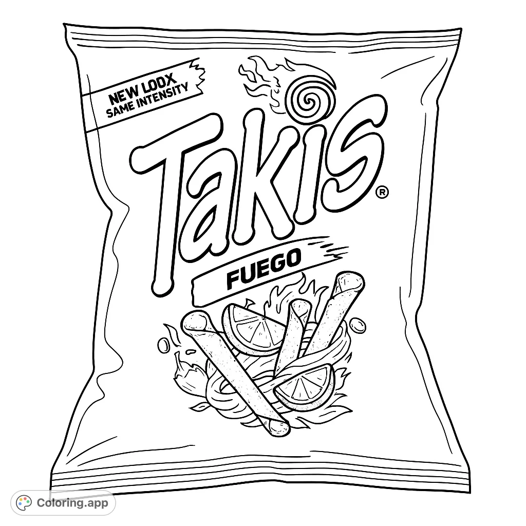 A bold, pure black and white line drawing of a spicy rolled tortilla chip bag, featuring chips, lime slices, and flame details for a fun coloring experience.