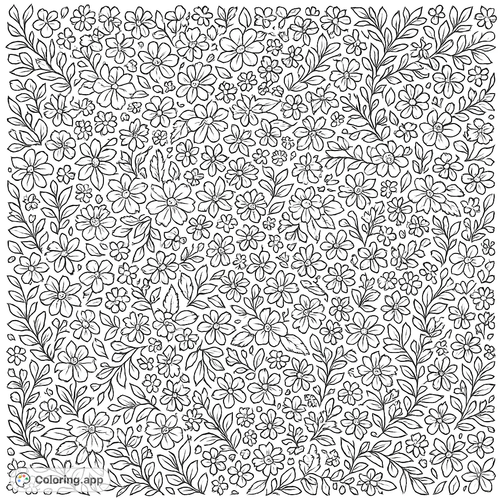 An intricate floral pattern coloring page featuring a dense tapestry of diverse flowers and leaves, perfect for a relaxing and detailed coloring experience.