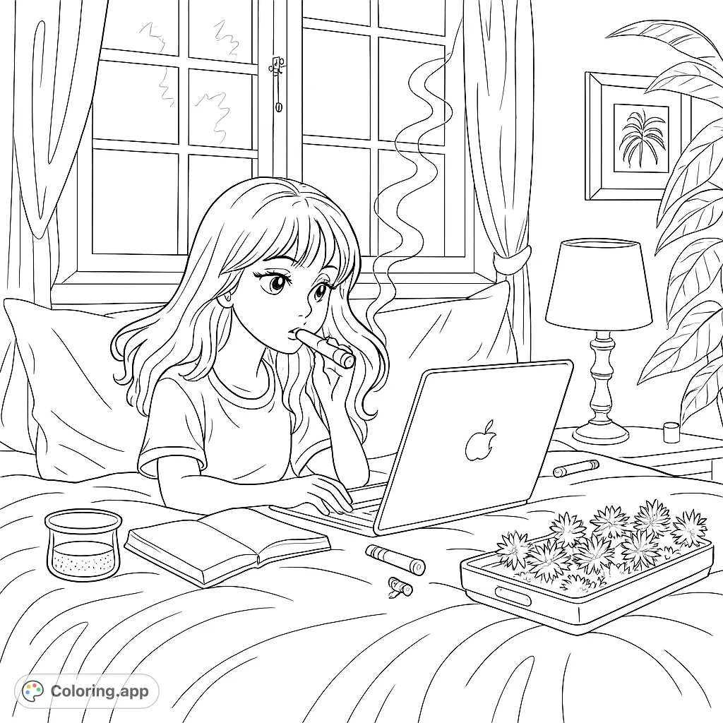 A young woman relaxes in bed with her laptop, surrounded by cozy bedroom details and unique plant elements, perfect for adult coloring.