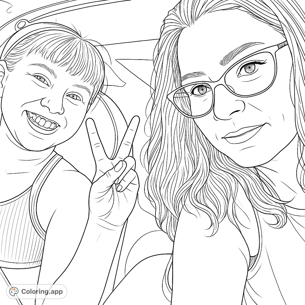 A cheerful selfie of two women, one making a peace sign, perfect for a fun and engaging coloring activity for all ages.