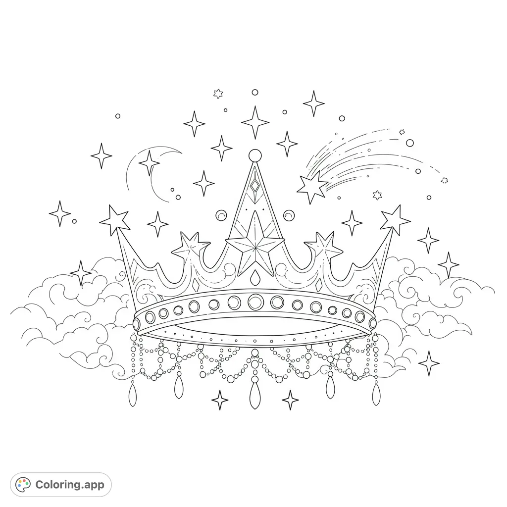 Color a magical crown surrounded by twinkling stars, fluffy clouds, and sparkling jewels. A majestic fantasy scene for all ages.