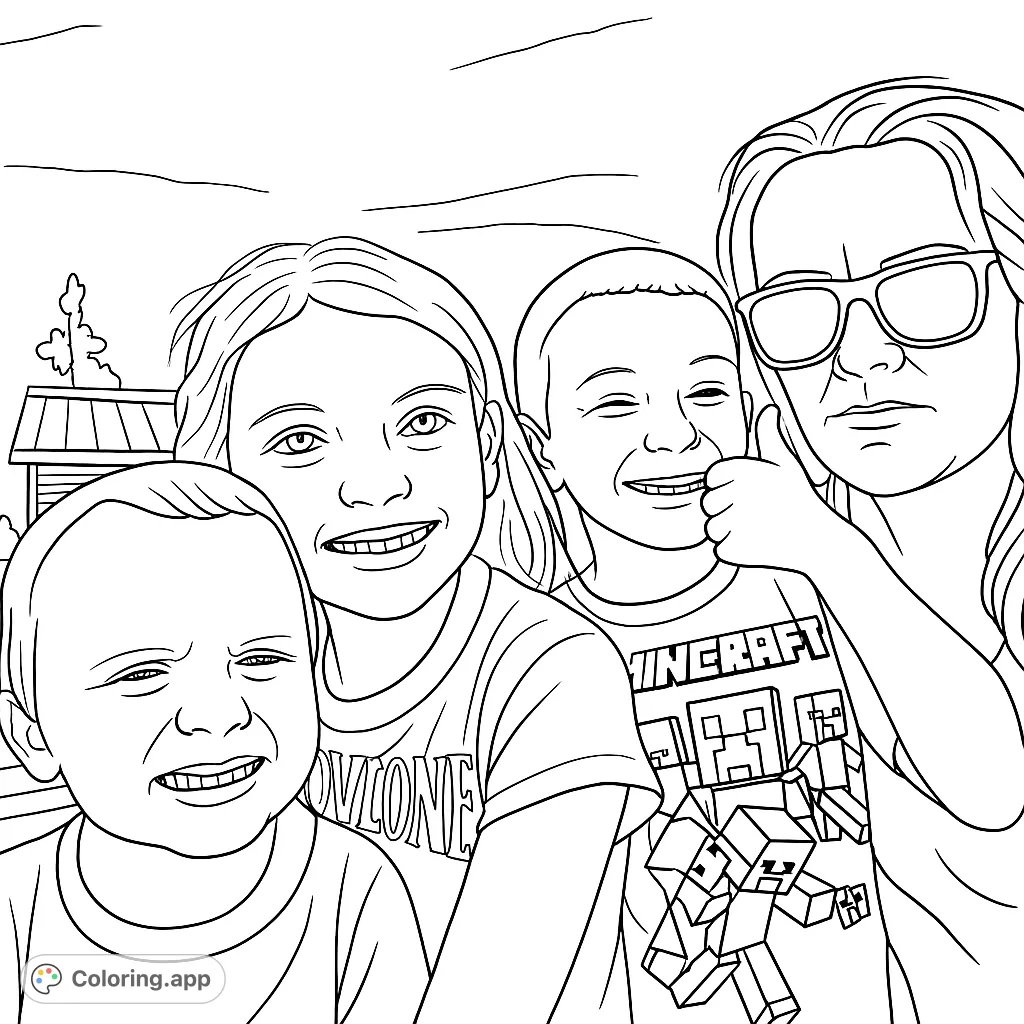 A heartwarming family portrait coloring page featuring an adult and three children, perfect for personalizing with vibrant colors.