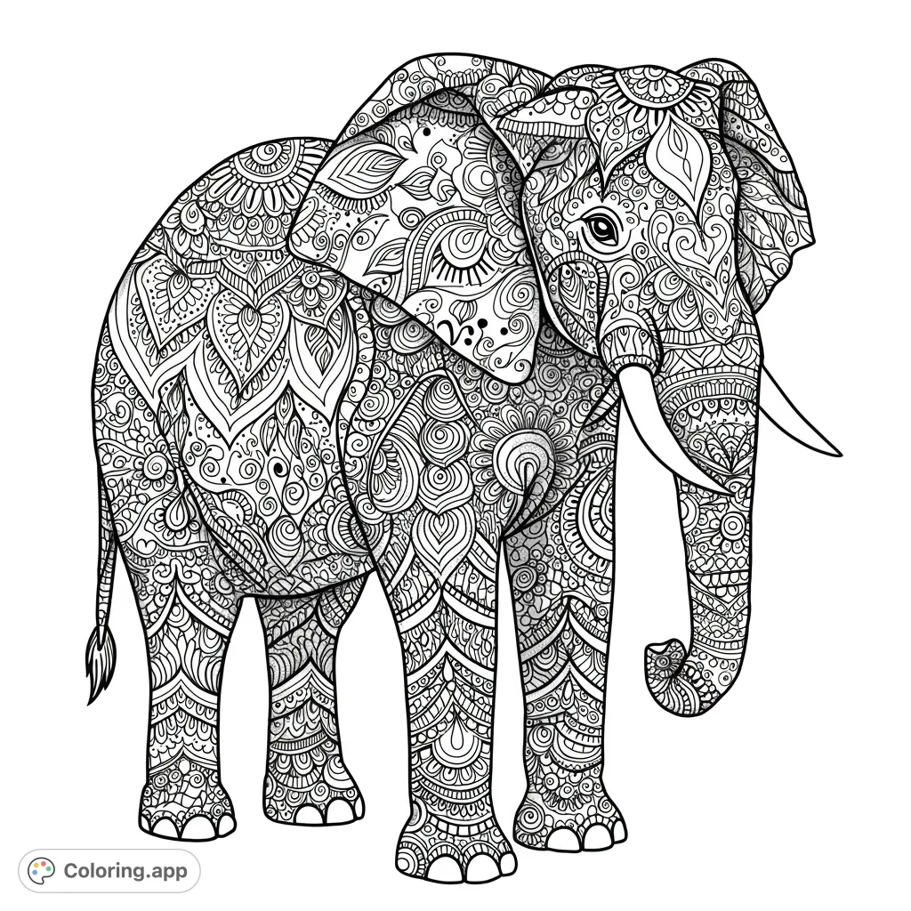 Discover a majestic elephant adorned with intricate mandala patterns. A detailed free printable coloring page for mindful relaxation and creative expression.
