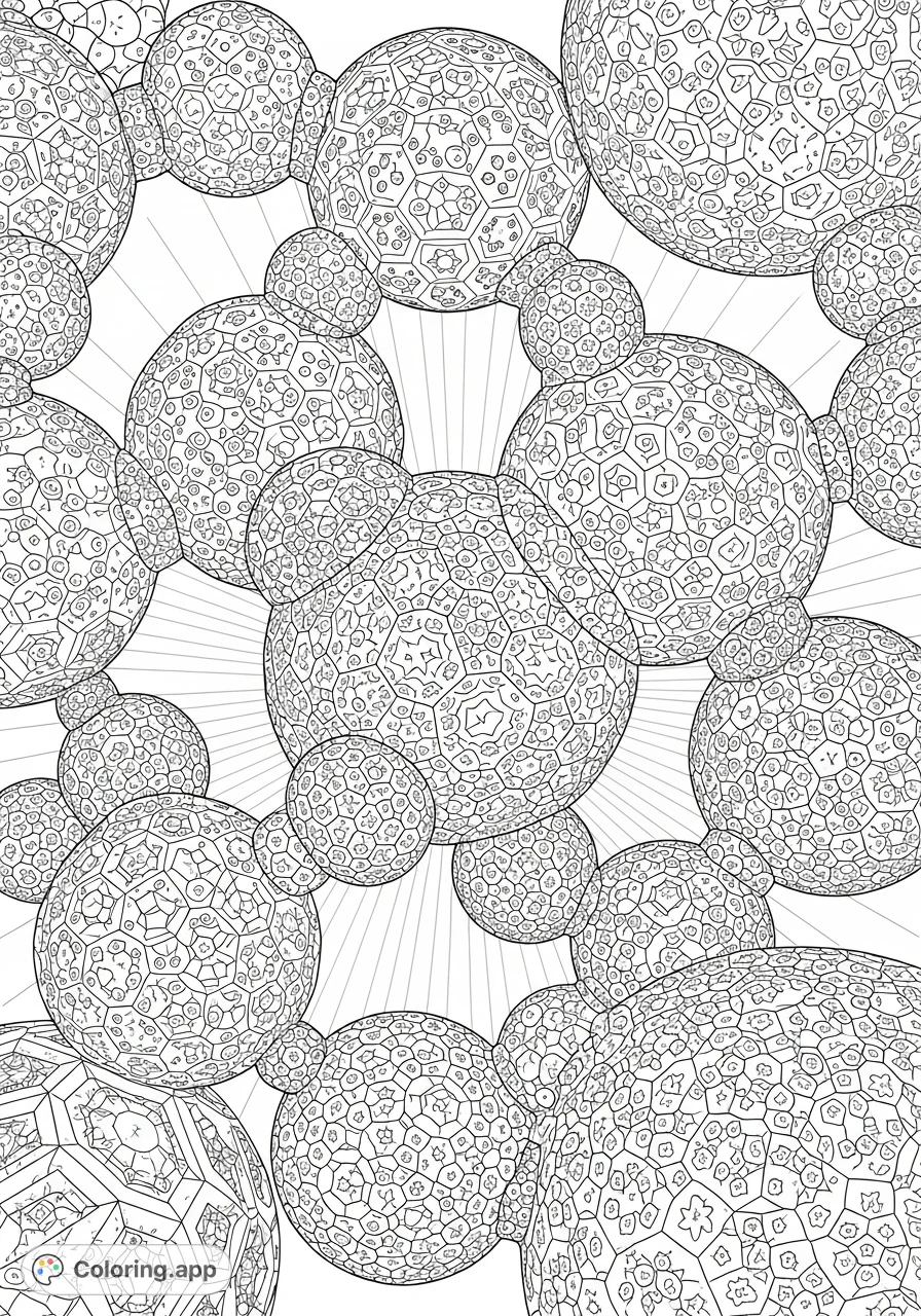 Dive into a mesmerizing world of 3D geometric fractal bubbles, offering intricate patterns and complex forms for a unique and challenging coloring experience.