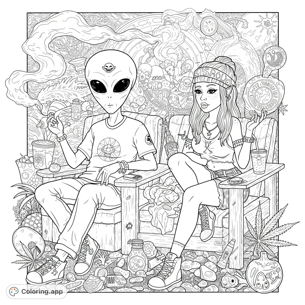 A trippy alien and human-like friend relax in a detailed, psychedelic scene filled with unique objects and intricate patterns. A free printable coloring page.