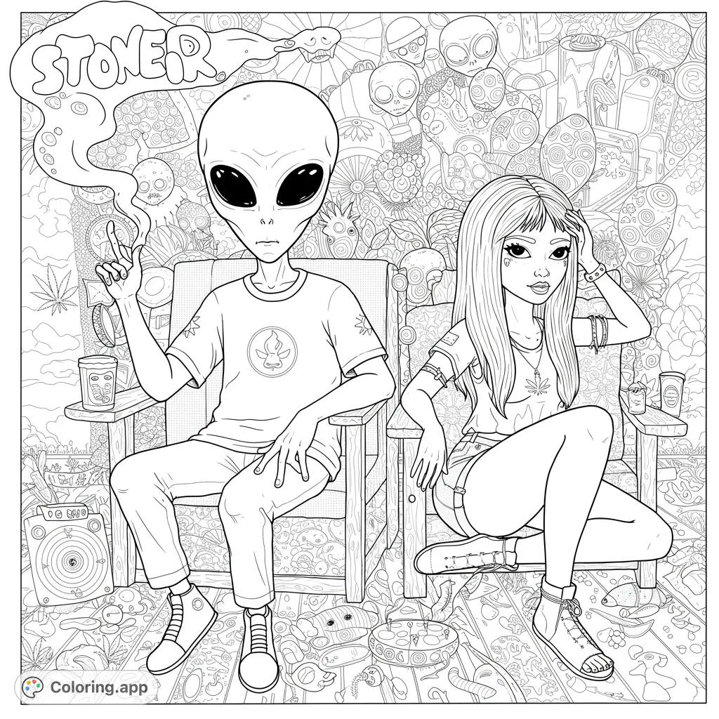 An alien and a girl relax in a highly detailed, psychedelic room filled with intricate patterns and counter-culture elements. A unique, trippy coloring experience.