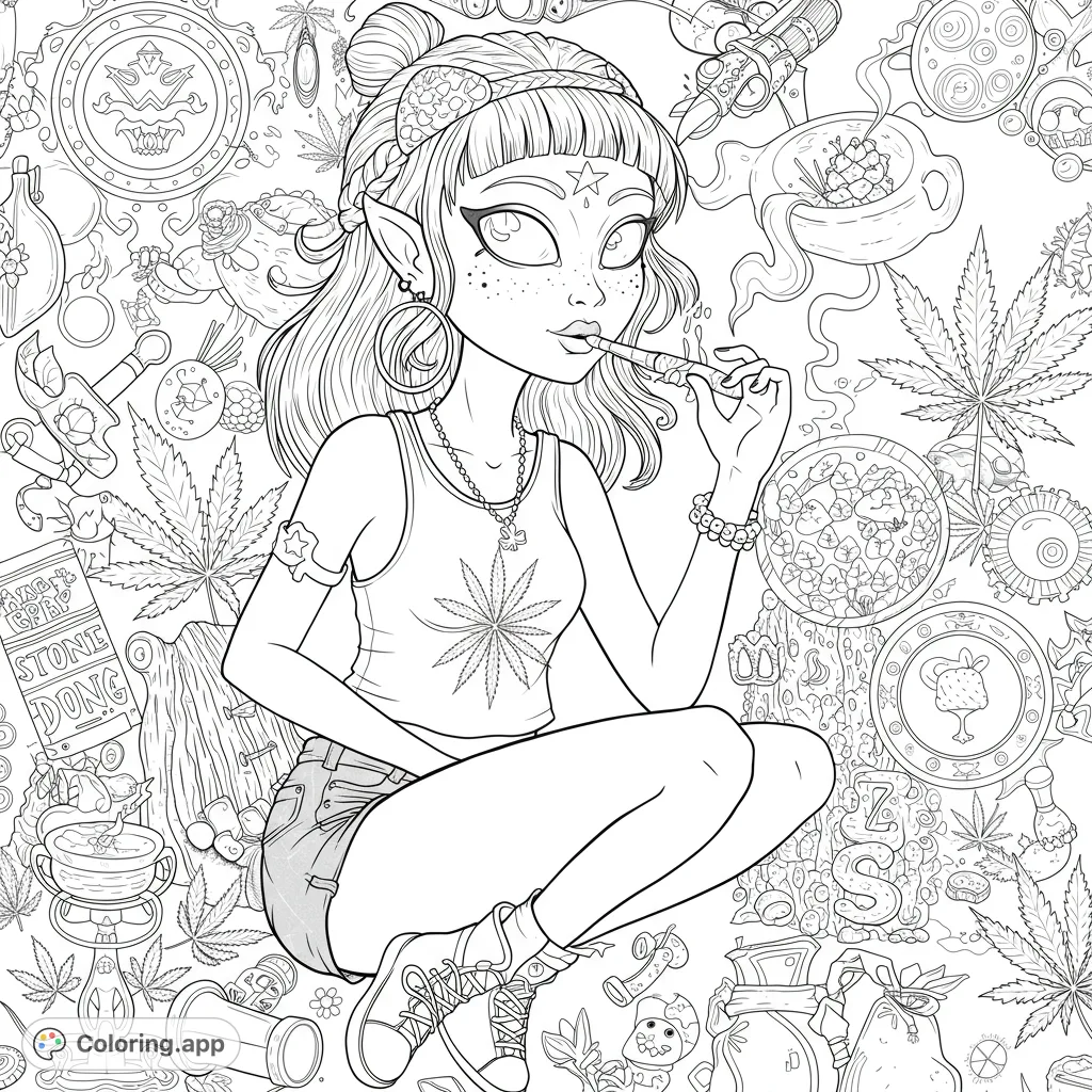 An enchanting elf-eared girl vapes amidst a vibrant, intricate background of cannabis leaves and psychedelic patterns. A unique fantasy coloring page for adults.