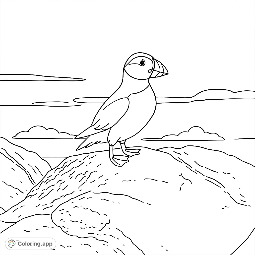 A charming puffin stands proudly on a textured rock, overlooking a serene coastal landscape. Perfect for nature lovers and bird enthusiasts.