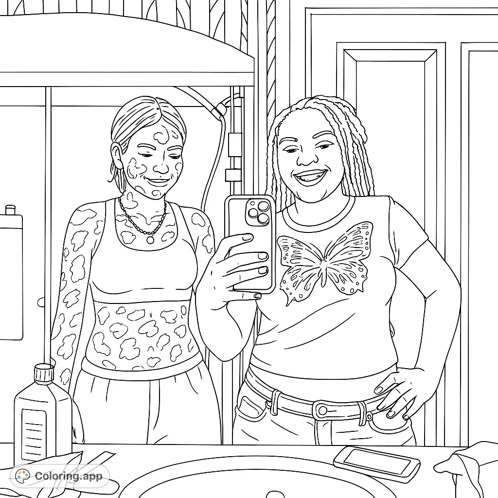 Capture a fun bathroom selfie moment with two friends, one with a face mask and body art, the other with a butterfly shirt. A free printable coloring page.