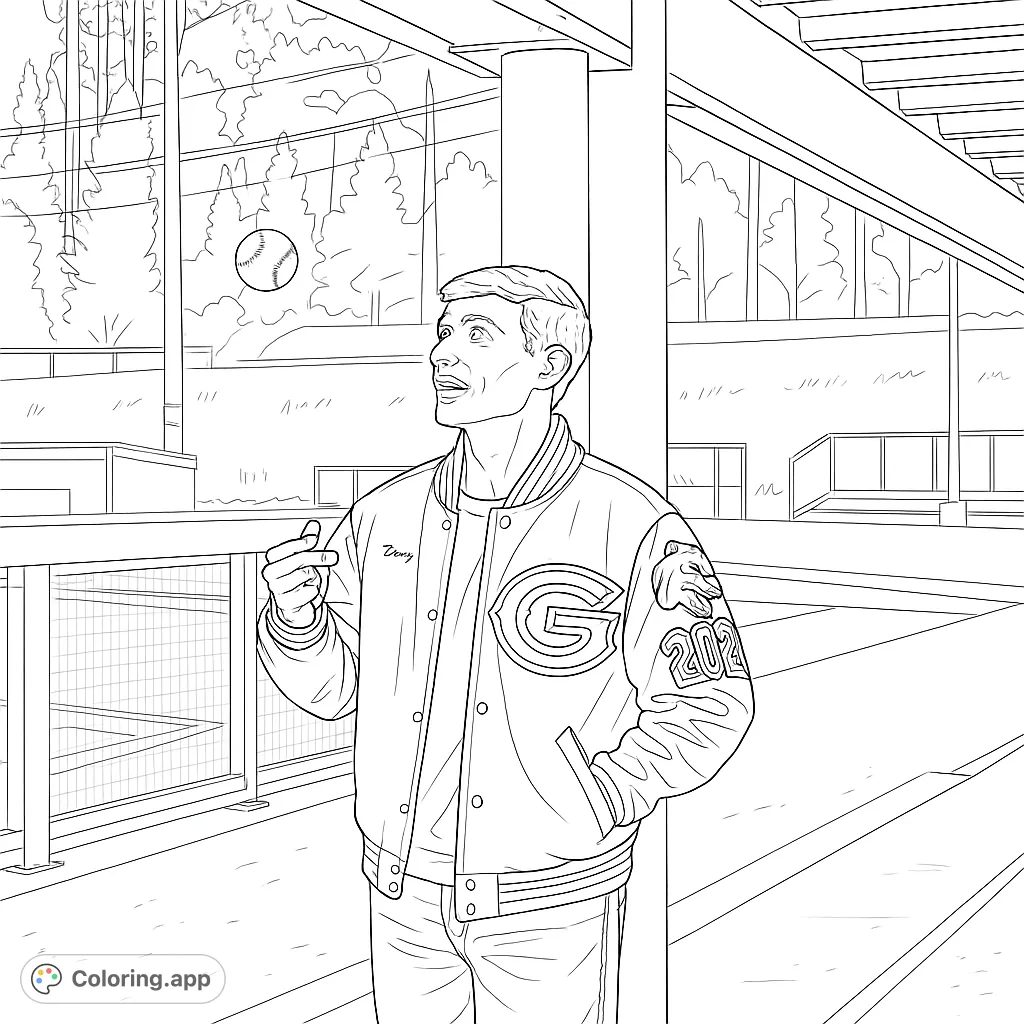 A man in a varsity jacket at a baseball stadium, looking up at a flying baseball. A free printable baseball fan coloring page.