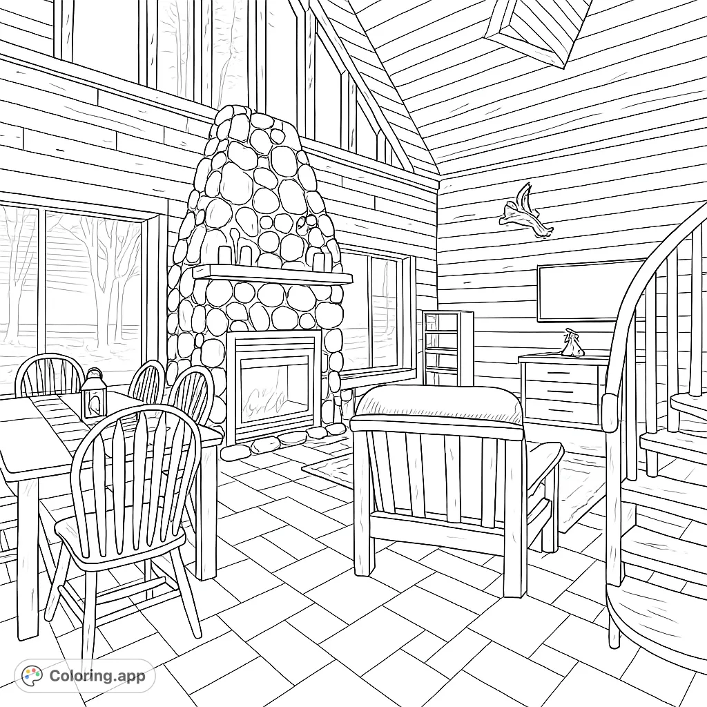 Immerse yourself in a cozy cabin interior coloring page featuring a stone fireplace, dining area, and rustic charm. A free printable coloring page for all ages.