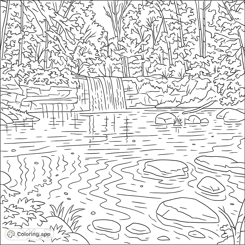 Immerse yourself in nature with this beautiful forest waterfall coloring page. A serene river flows past rocks, surrounded by lush trees.
