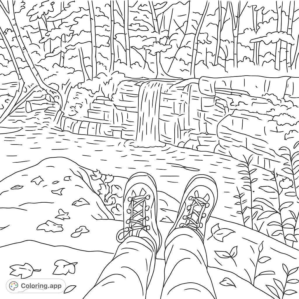Experience nature's beauty with this free printable hiking boots waterfall view coloring page. Perfect for outdoor enthusiasts and relaxation.