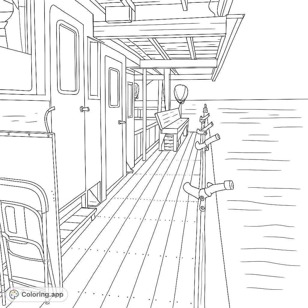 Explore a serene boat deck with a wooden floor, sturdy railing, and distant ocean. Perfect for a relaxing nautical coloring adventure.