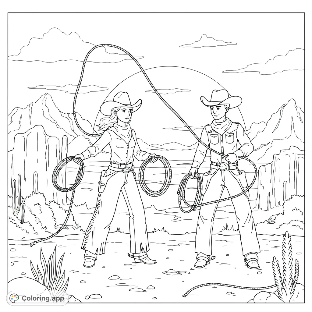 Dynamic Western coloring page featuring a cowboy and cowgirl with lassos in a desert landscape. Free printable for all ages, perfect for Wild West fans!