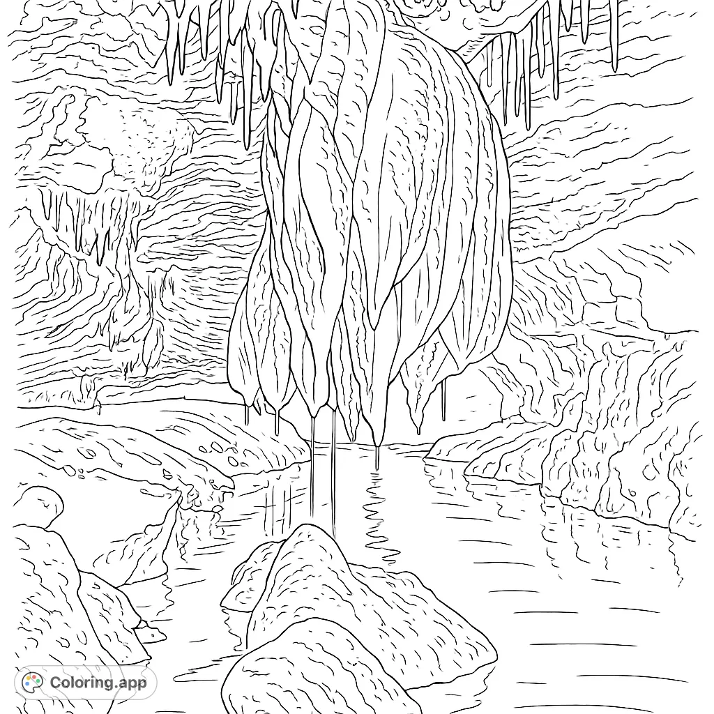 Explore a mystical cave interior with a flowing river, unique rock formations, and a grand flowstone. A free printable cave coloring page.