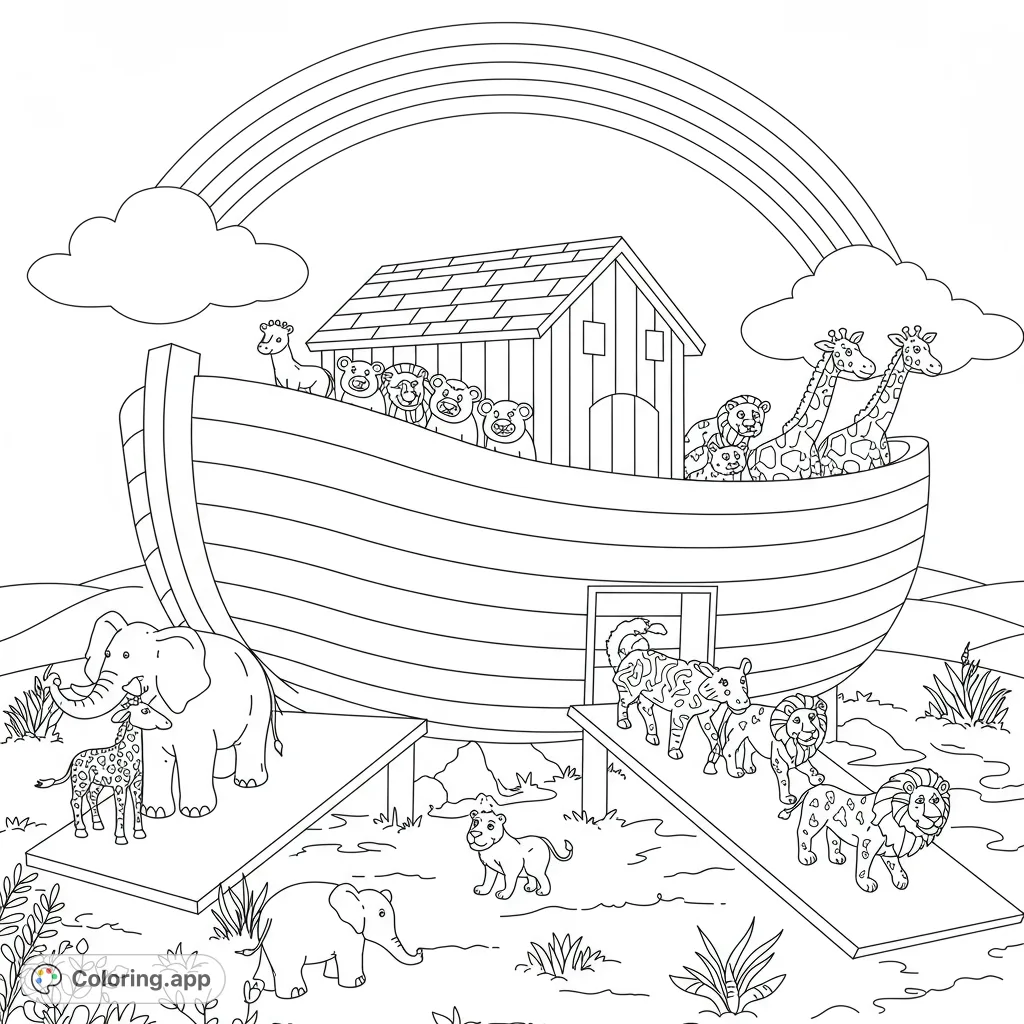 A delightful Noah's Ark coloring page featuring pairs of animals, a grand ark, and a vibrant rainbow. Perfect for kids to explore a classic story.