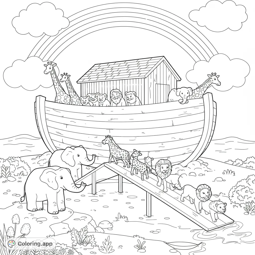 A delightful Noah's Ark scene with pairs of animals boarding the ark under a vibrant rainbow. A free printable Noah's Ark coloring page for kids and adults.