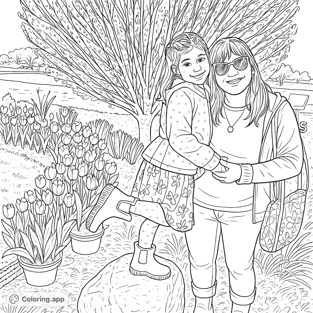 A heartwarming spring garden scene featuring a mother and daughter embracing amidst blooming tulips and a large tree, perfect for coloring.