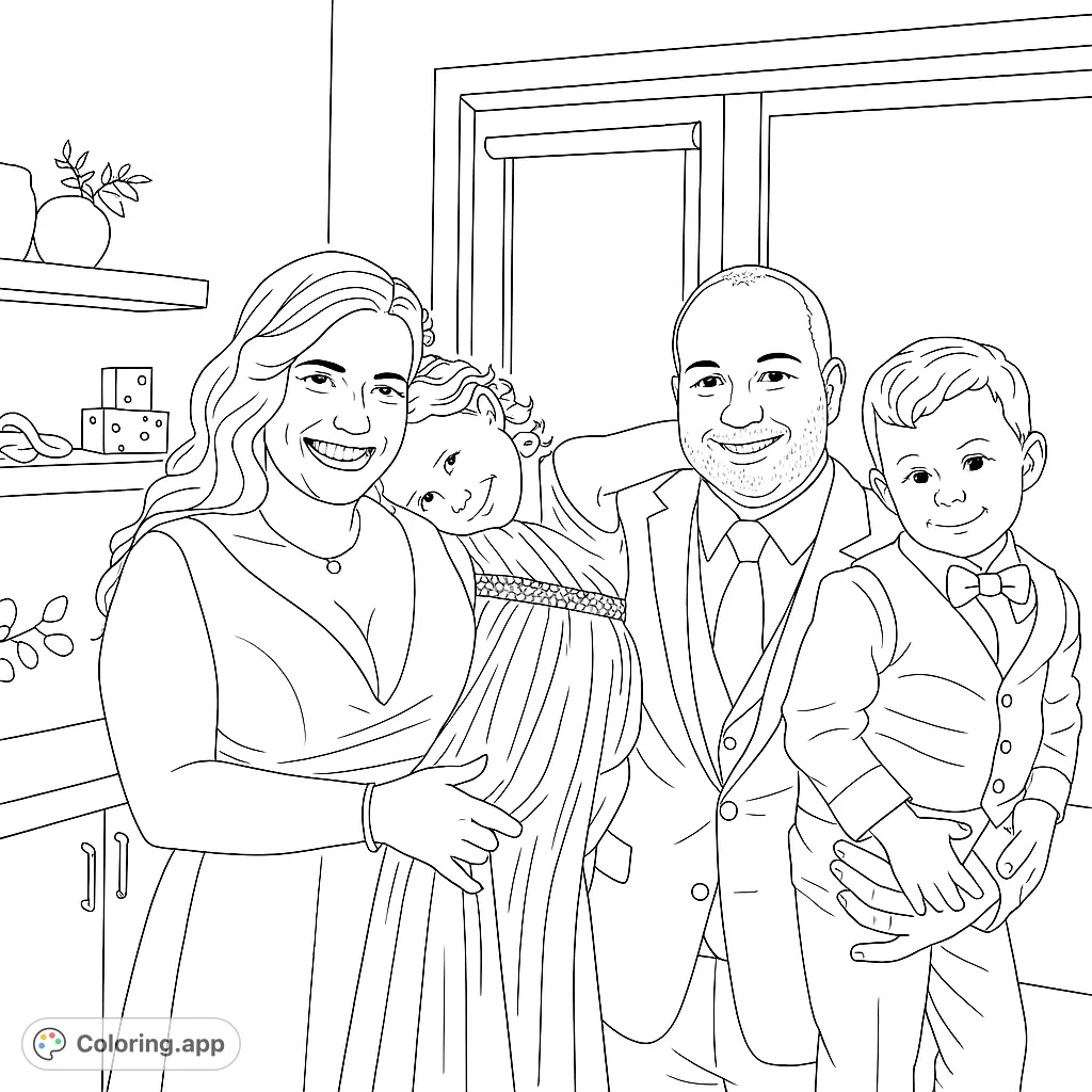 A heartwarming family portrait coloring page featuring a smiling mom, dad, daughter, and son. Perfect for celebrating family bonds and creating cherished memories.
