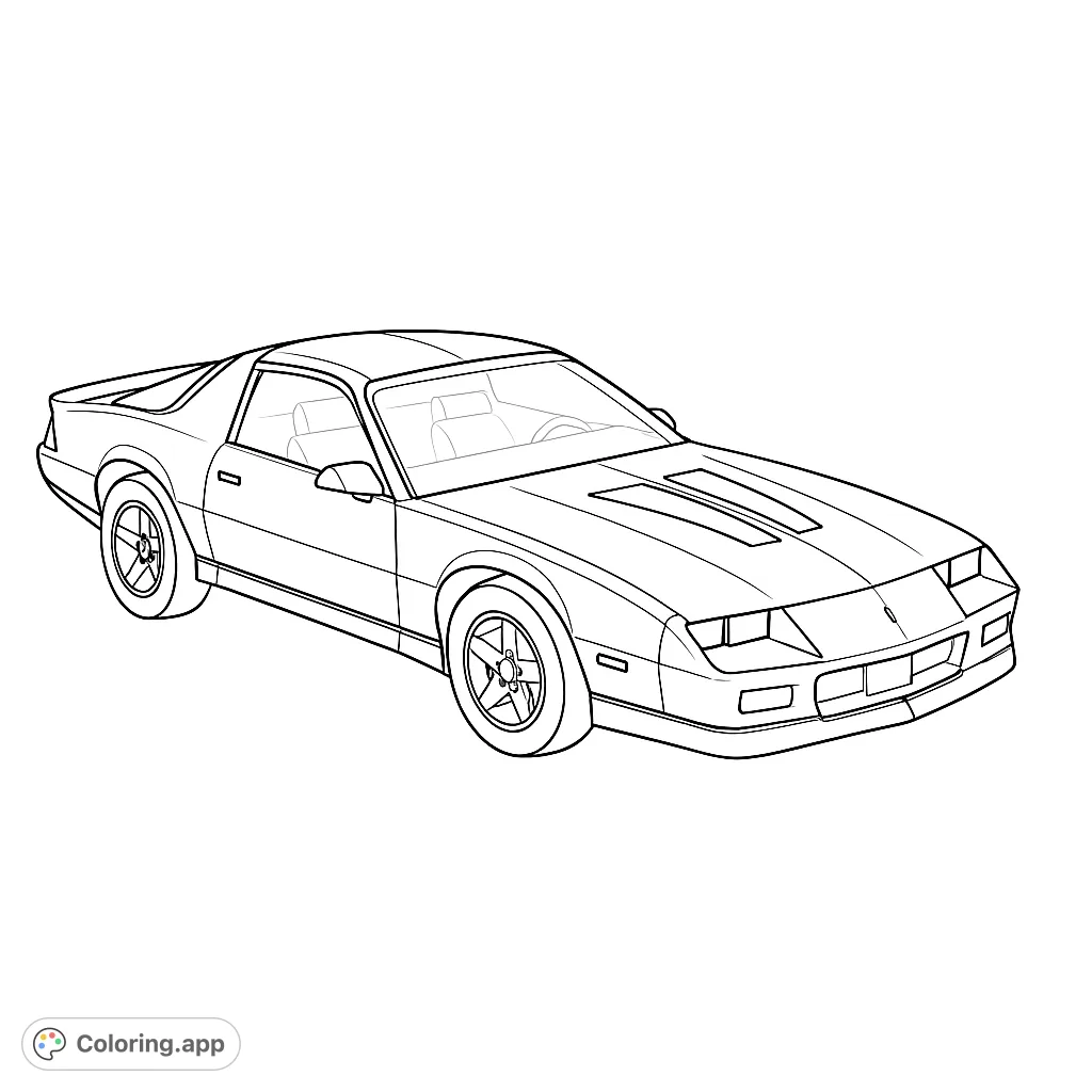 Color a sleek retro American muscle car, featuring classic lines, hood scoops, and detailed wheels. A free printable classic car coloring page.