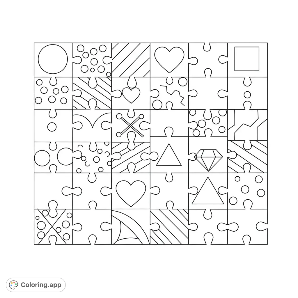 A captivating geometric puzzle piece coloring page featuring 36 unique patterns and shapes, perfect for all ages. Free printable coloring page for creative fun!
