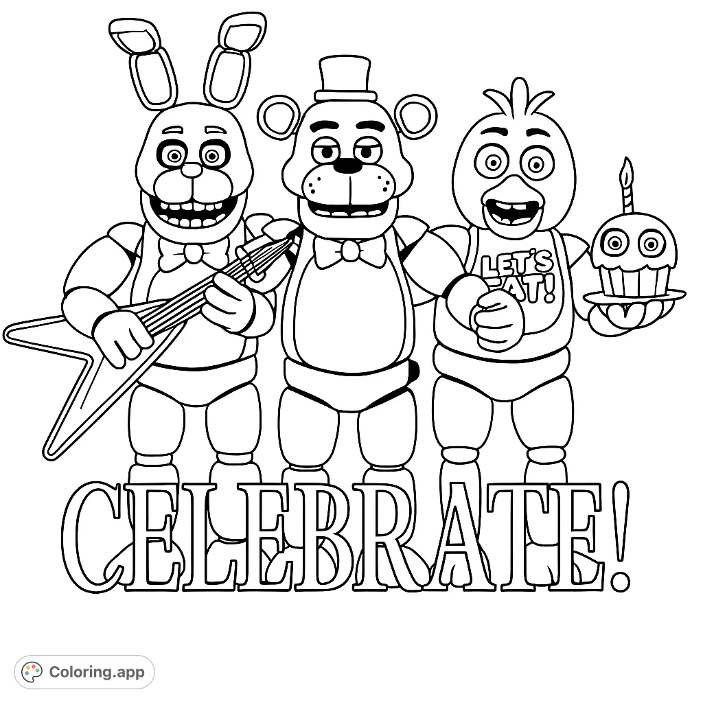 A fun animatronic band celebrates with music and cake! Perfect for fans of the popular game, this free printable coloring page offers exciting details.