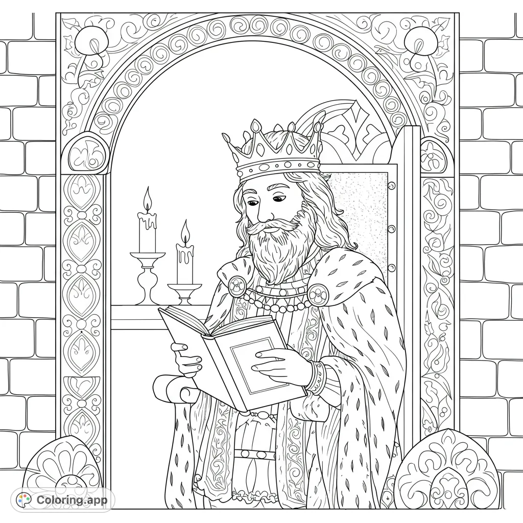 A majestic king in ornate robes reads a book under a grand archway, perfect for a royal coloring page adventure.