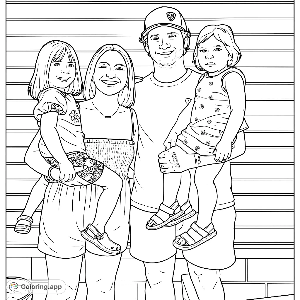 A heartwarming family portrait featuring two adults and two children, with crisp lines perfect for a free printable family coloring page.