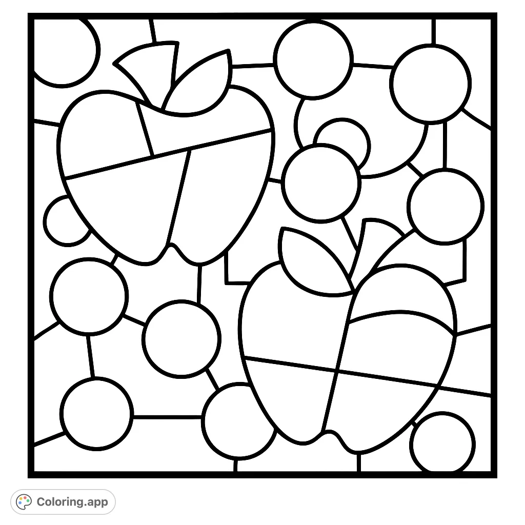 A unique geometric apple coloring page featuring two segmented apples amidst a playful pattern of interconnected circles. Perfect for all ages.