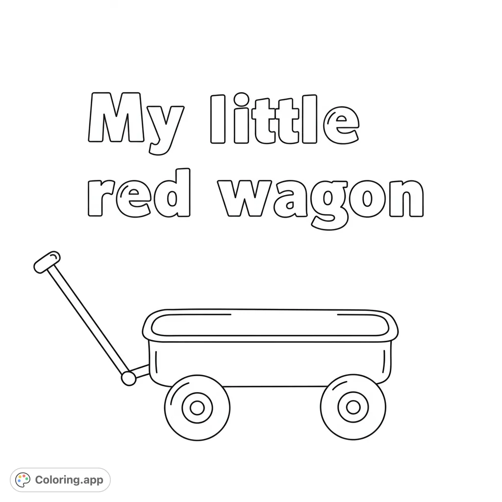 A charming, simple line drawing of a classic toy wagon, perfect for young colorists. Features a rectangular body, four wheels, and a pull handle.