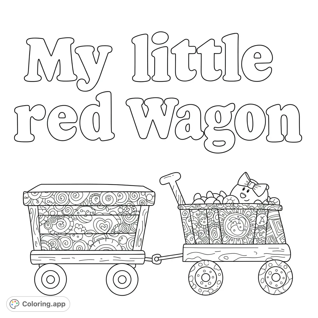 Delightful patterned wagons, one filled with a cute character and small objects, offer intricate details for a fun and engaging coloring experience.