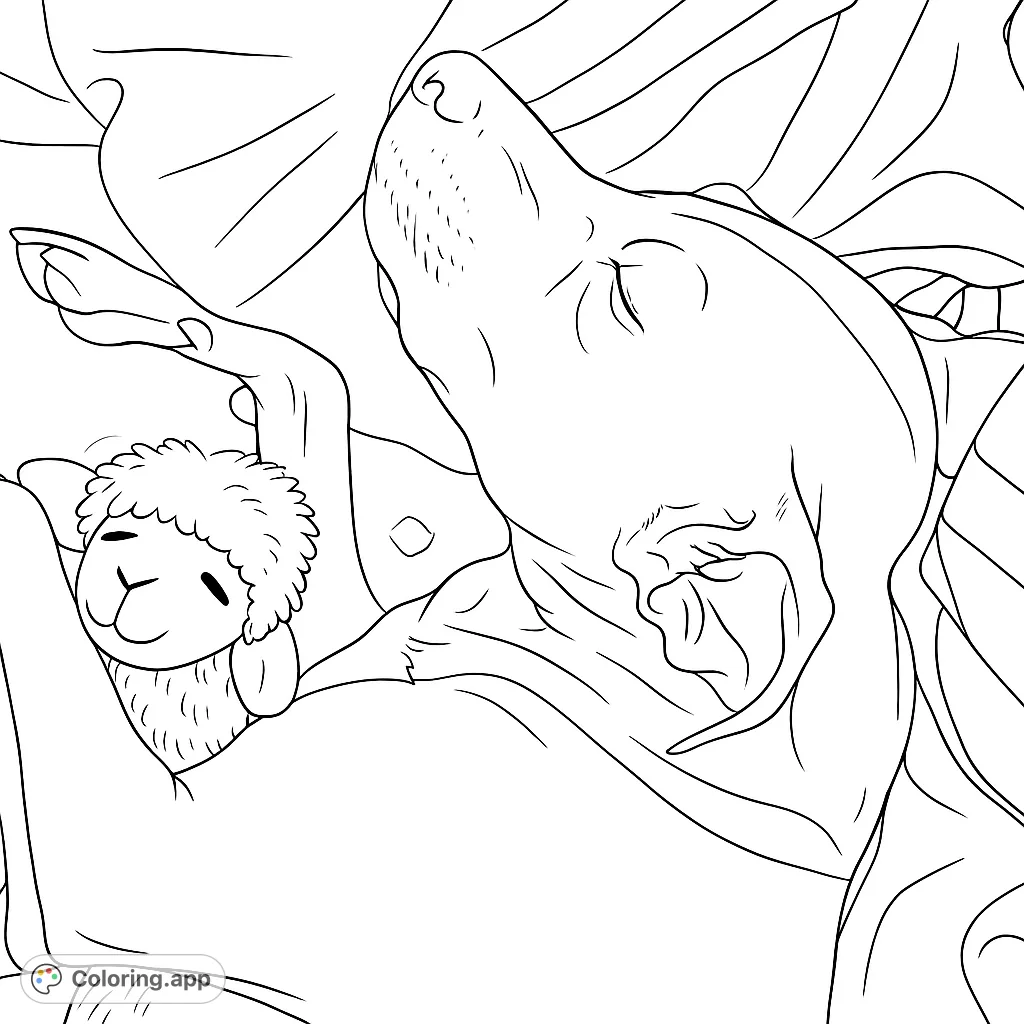 A heartwarming free printable coloring page featuring a sleeping dog cuddling a fluffy lamb toy, perfect for kids and adults. A cozy scene for relaxation.