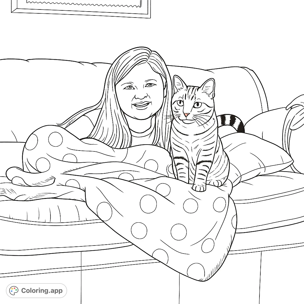 A heartwarming cozy pet coloring page featuring a girl and her striped cat relaxing on a sofa under a polka-dot blanket. Perfect for animal lovers.