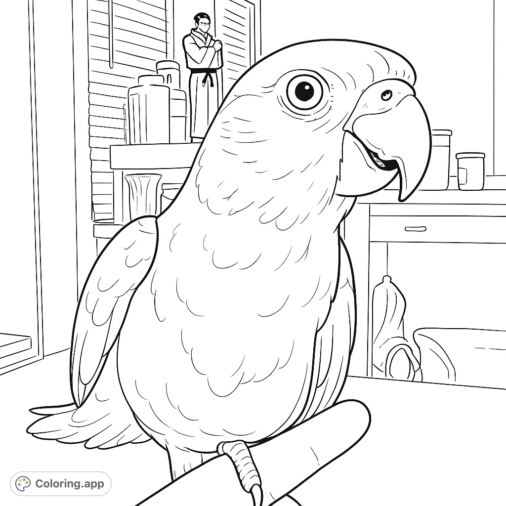A charming parrot perched on a finger, ready for vibrant colors. Features an expressive eye and detailed feathers against an indoor background.