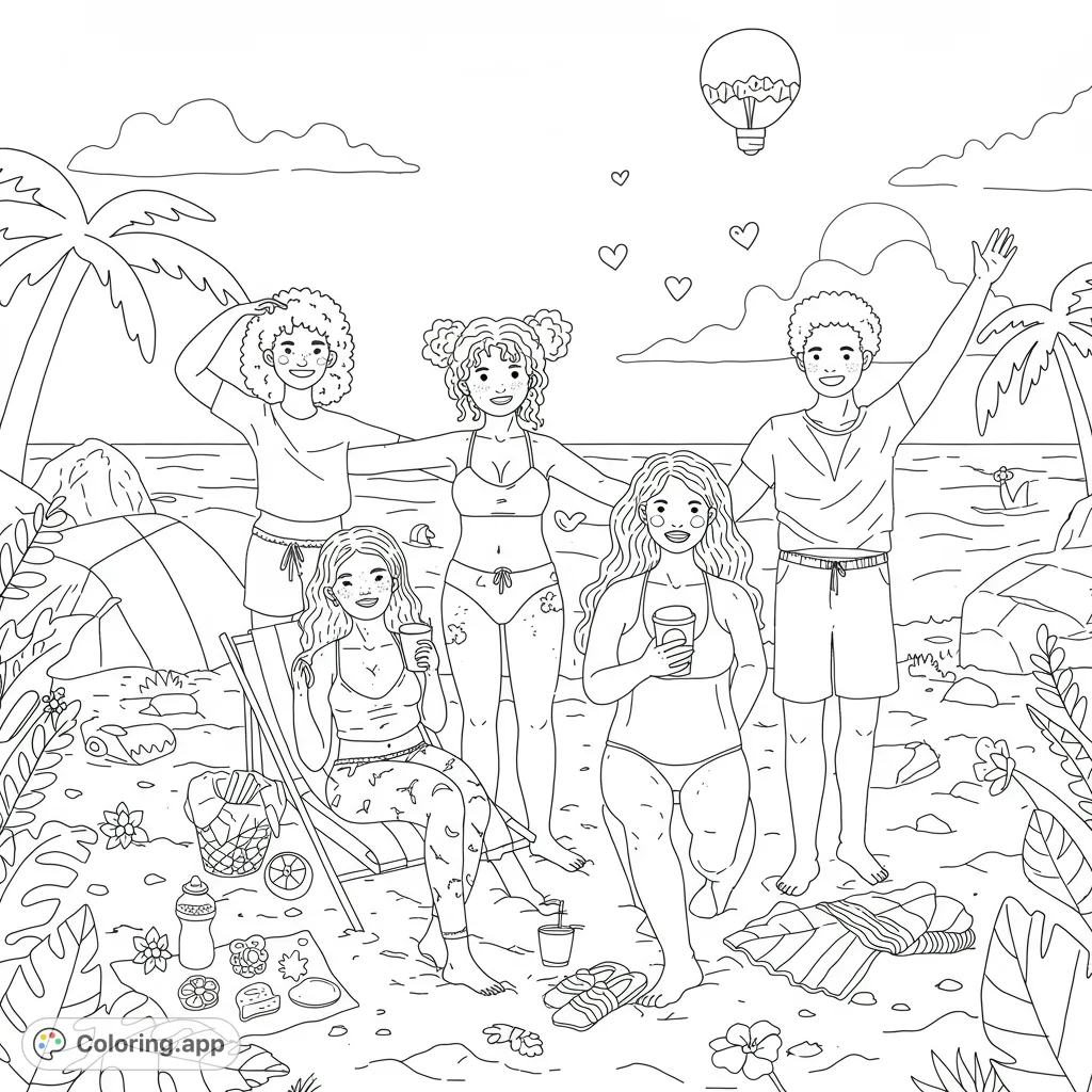 A vibrant beach scene with five diverse friends enjoying a sunny day, complete with palm trees, ocean, and beach essentials. Perfect for summer fun!