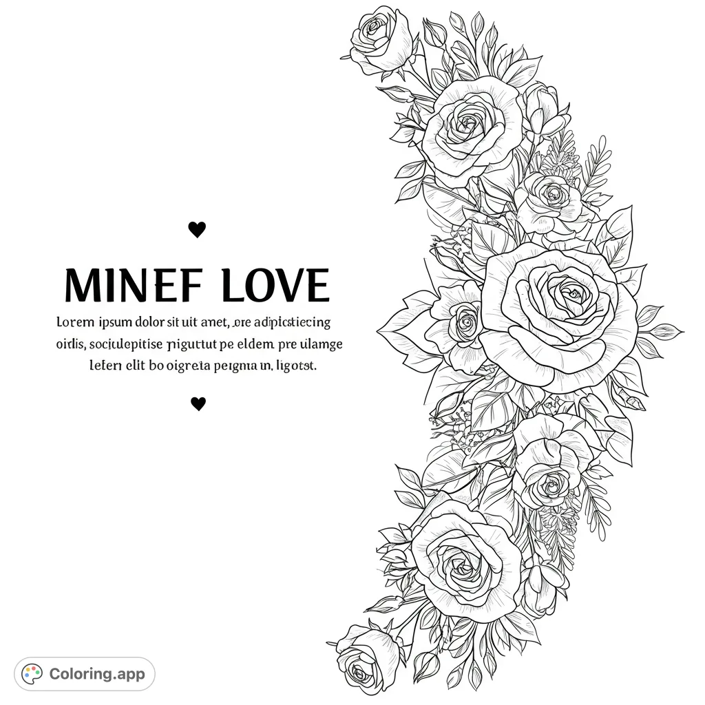An elegant rose floral cascade coloring page featuring detailed blooms and foliage, perfect for relaxation and creative expression.