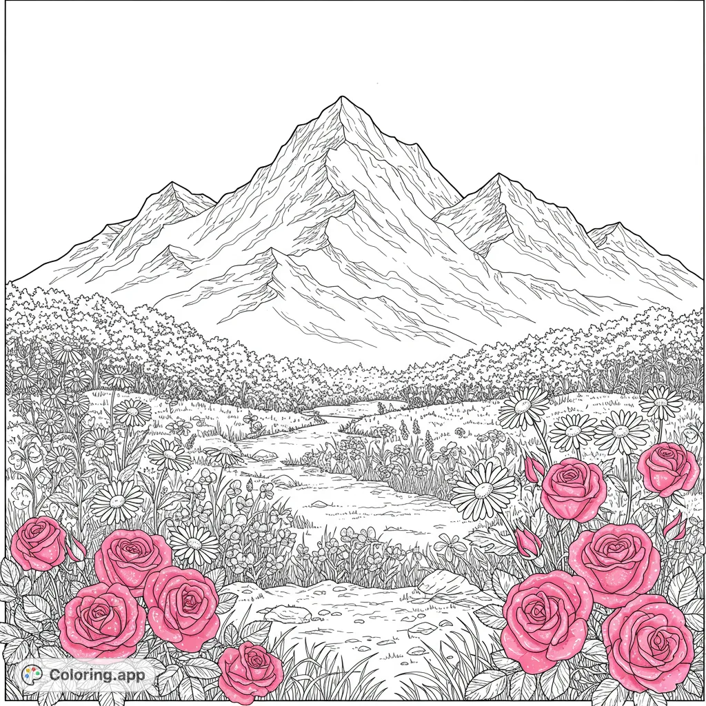 Explore a beautiful nature coloring page featuring majestic mountains, a winding river, and a vibrant meadow bursting with roses and wildflowers. Free printable for all ages!