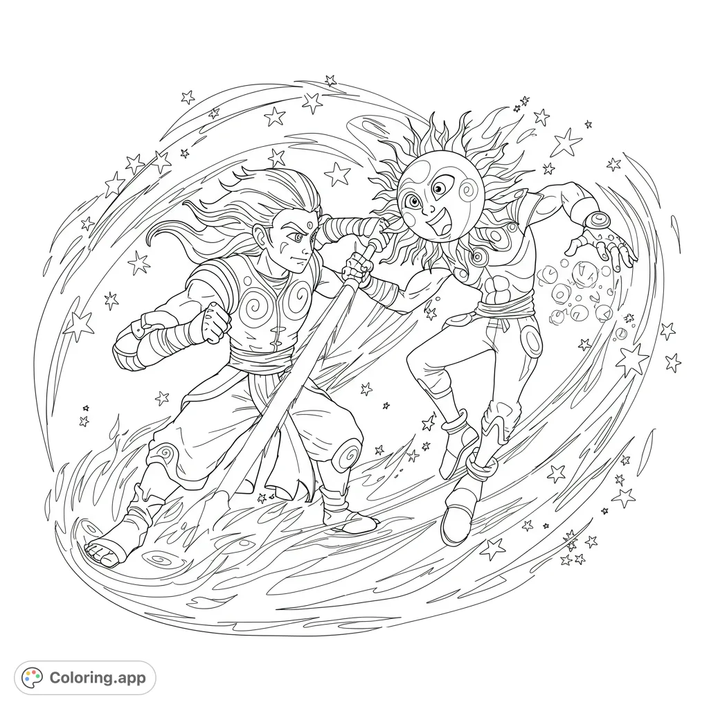 Dynamic celestial warrior clash coloring page. Features a sun-faced character battling a staff-wielding hero amidst swirling stars and energy. Free printable.