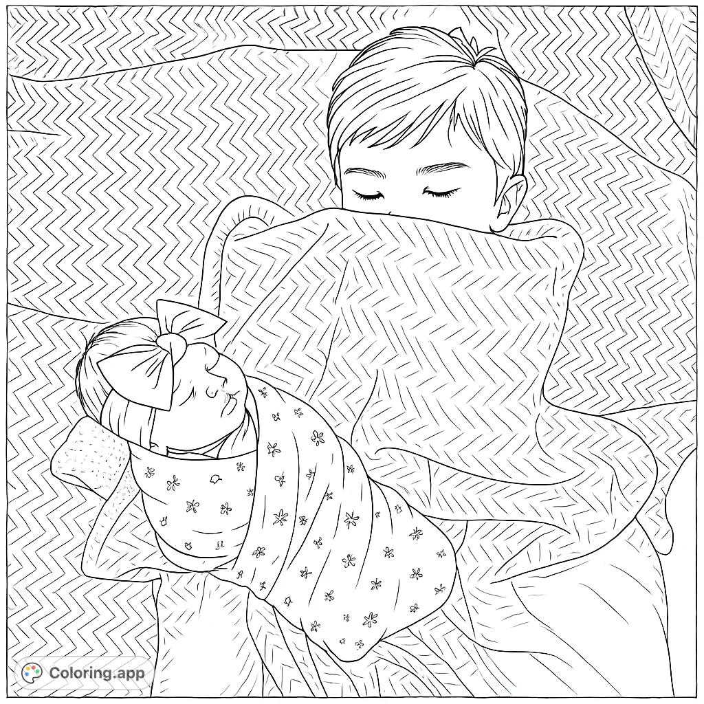 A tender siblings sleeping coloring page, featuring a child and a swaddled baby. Perfect free printable coloring page for family and love themes.