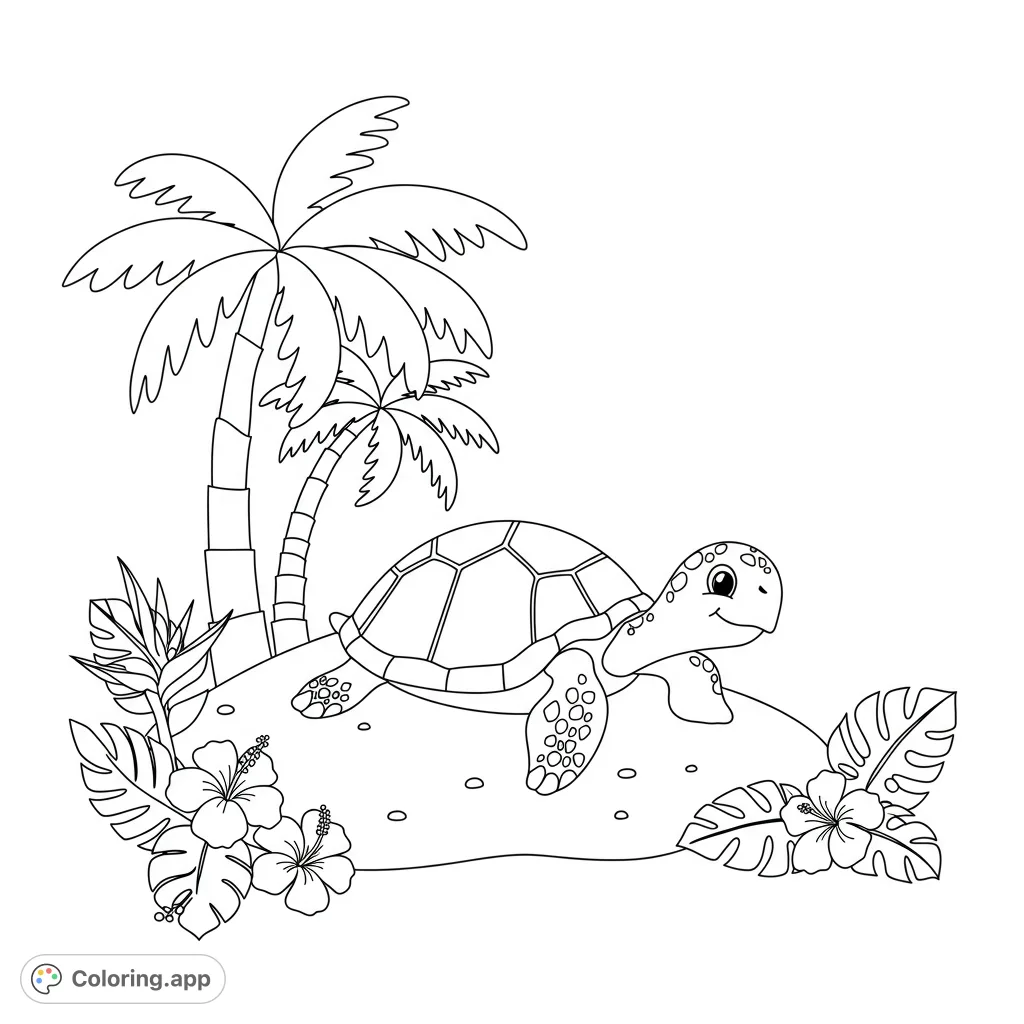 A charming tropical island coloring page featuring a happy sea turtle, swaying palm trees, and vibrant hibiscus flowers. Free printable for all ages.