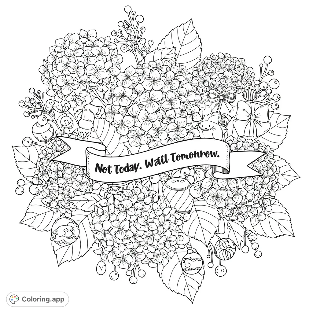 An intricate floral hydrangea wreath coloring page, perfect for relaxation. Features detailed blooms, leaves, berries, and charming decorative elements.