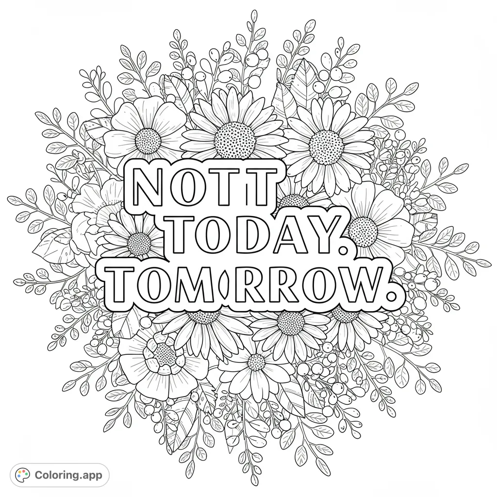 A beautiful floral wreath surrounds the motivational quote 'NOTT TODAY. TOMORROW.', offering a relaxing and inspiring coloring experience for all ages.