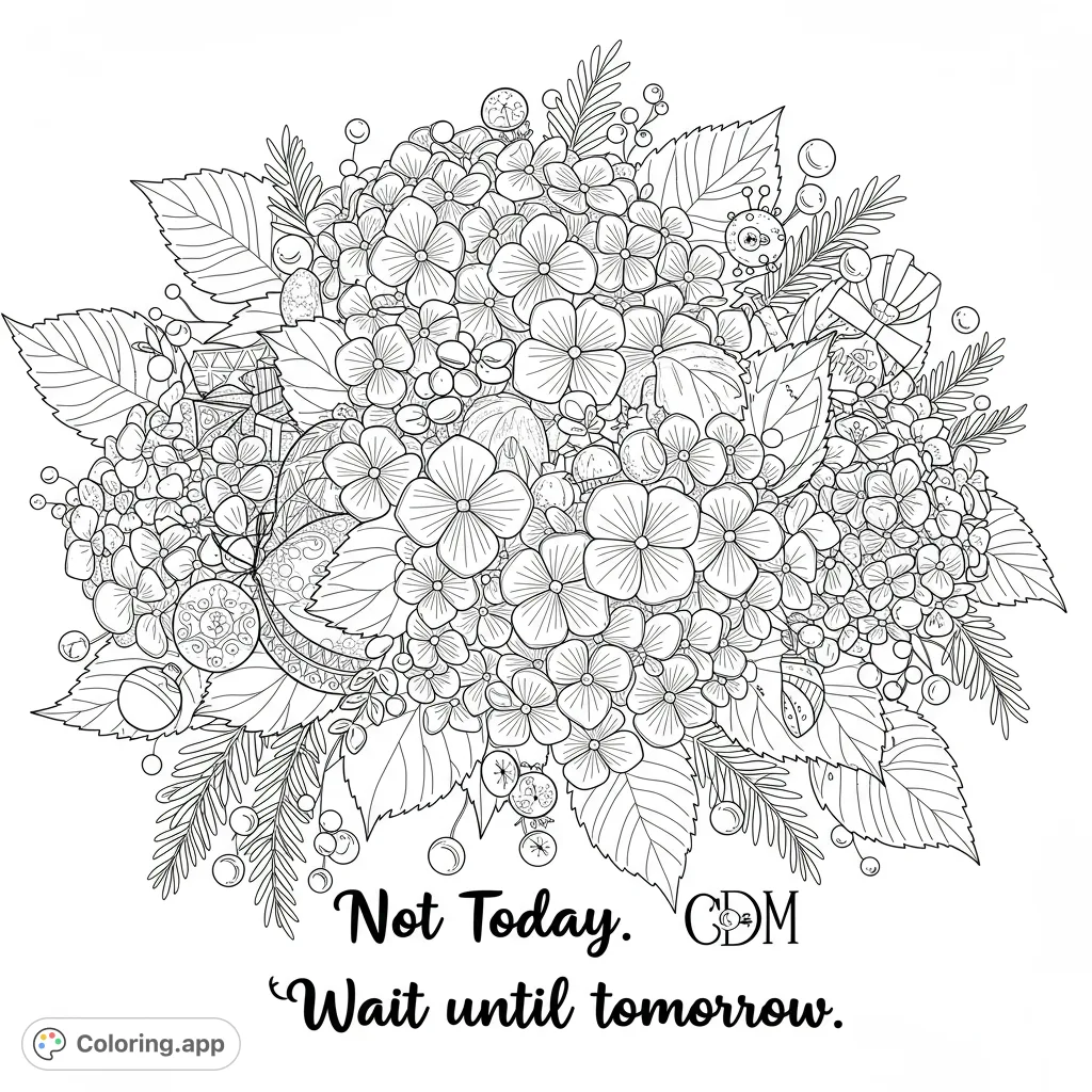 An intricate floral bouquet coloring page featuring dense hydrangeas, delicate leaves, berries, and festive ornaments. Perfect for detailed coloring.