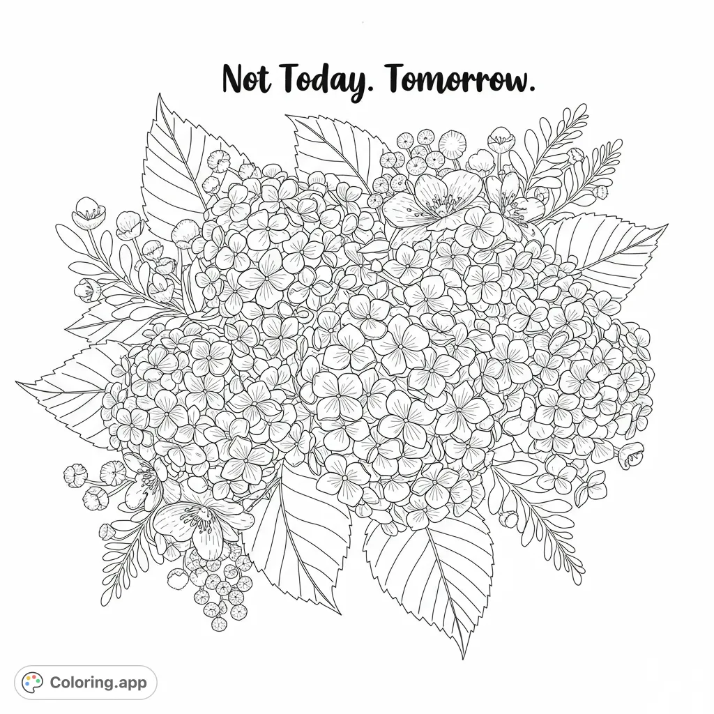 An intricate hydrangea coloring page featuring a dense bloom with detailed petals, surrounded by leaves and delicate floral accents. Perfect for nature lovers.