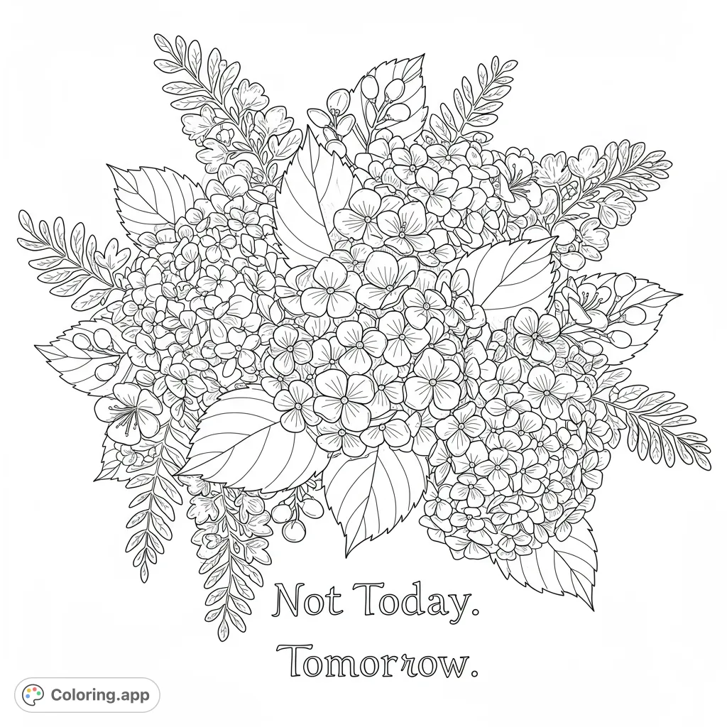 A beautiful hydrangea floral bouquet coloring page, perfect for nature lovers. Enjoy this free printable coloring page for relaxation and creativity.